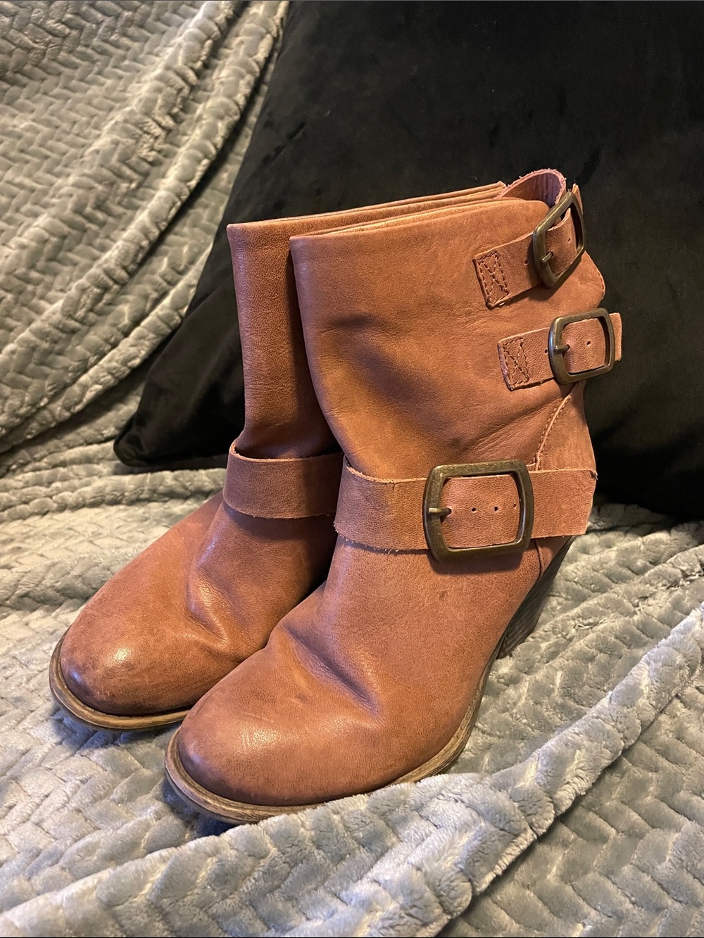 Lucky Brand Cognac Brown Leather Buckle Ankle Boots